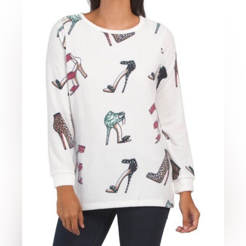 COLOR TREE Shoe Printed Knit Top sweatshirt white beige Cotton large